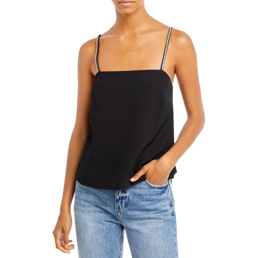 NEW ✨ AQUA Square Neck Cropped Cami with Beaded Straps Size XS Black NWT